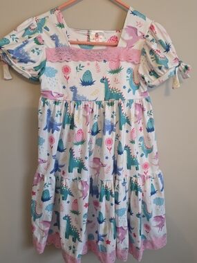 Ruffle Girls Dino Print Ruffle Dress - White with Pink Teal Size 4XL (Girls 10)